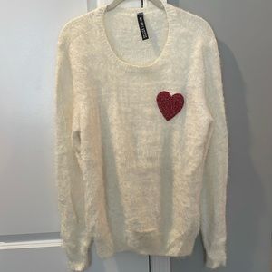 SUPER Soft Fluffy White Sweater with Embroidered Sparkly Heart